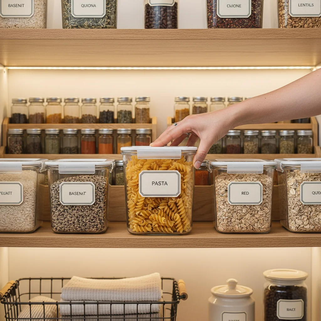 Hand placing labeled pasta container in organized pantry