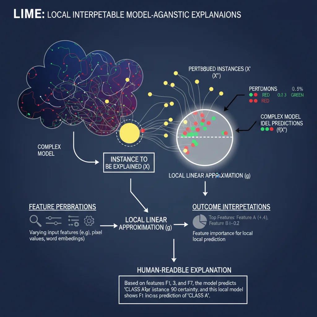 LIME process diagram showing local model explanations for complex AI predictions.