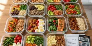 Colorful meal prep containers on a kitchen counter, symbolizing organized and budget-friendly healthy eating.