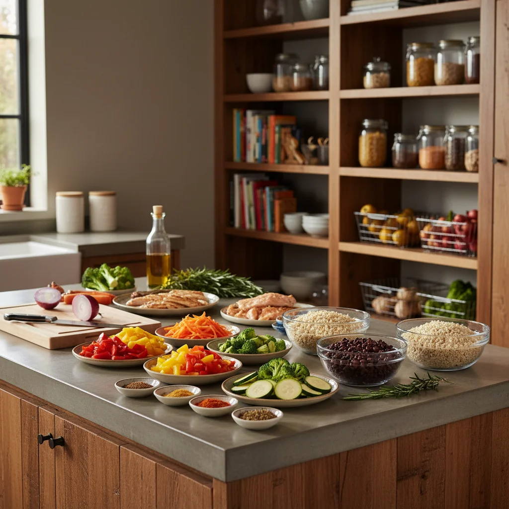 Meal prep ingredients laid out on kitchen island with organized pantry in background