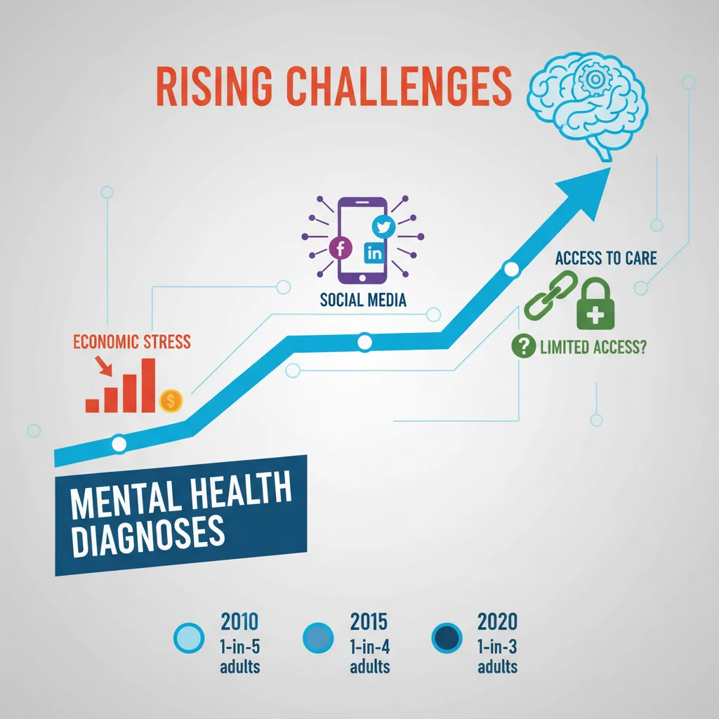 Infographic illustrating rising mental health diagnoses and contributing factors.