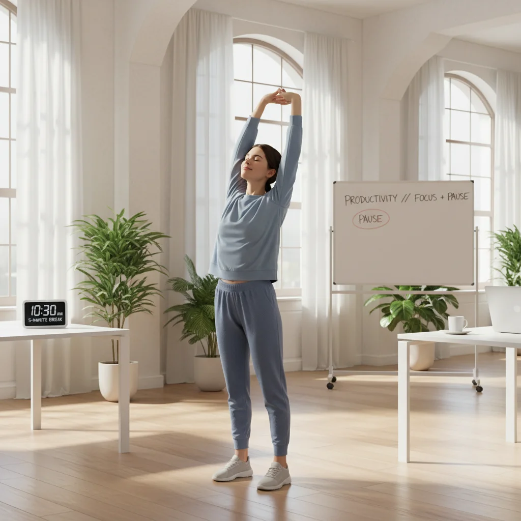 Person taking a mindful break, stretching to re-energize during work