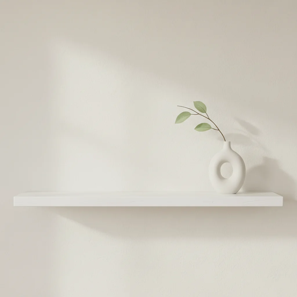 Minimalist shelf with a single decorative item, symbolizing a decluttered space.