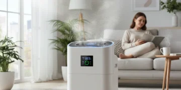 Modern air purifier reducing allergens in a clean living room