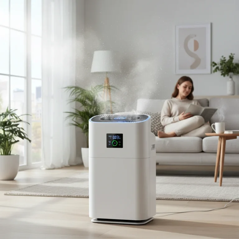 Modern air purifier reducing allergens in a clean living room