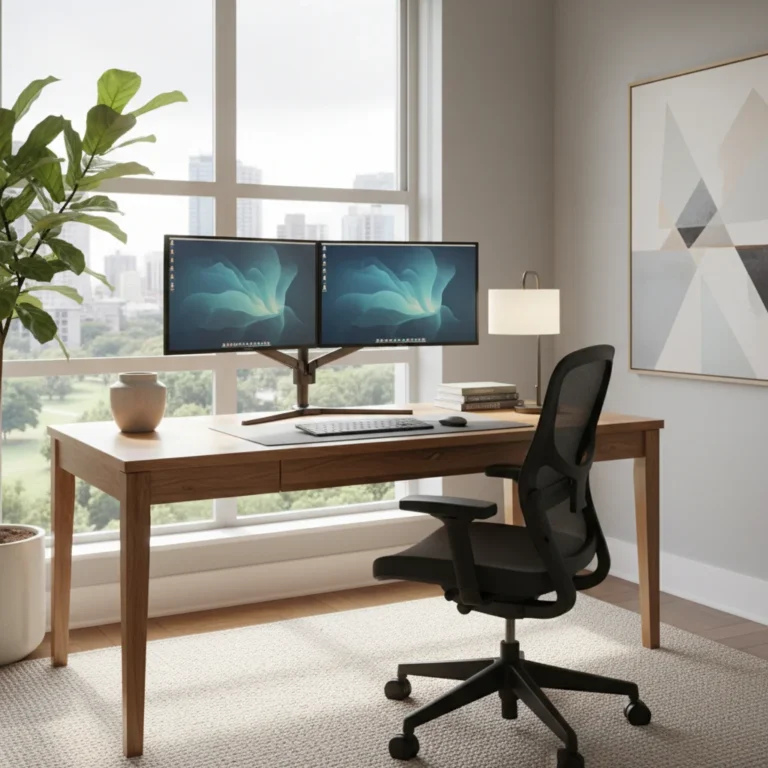 Modern ergonomic home office setup with dual monitors and natural light.