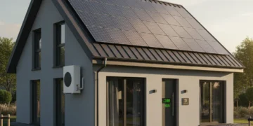 Modern home with solar panels and energy-efficient windows, symbolizing tax credit opportunities.