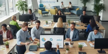 Professionals collaborating in a modern office, symbolizing effective quiet quitting solutions for employers.