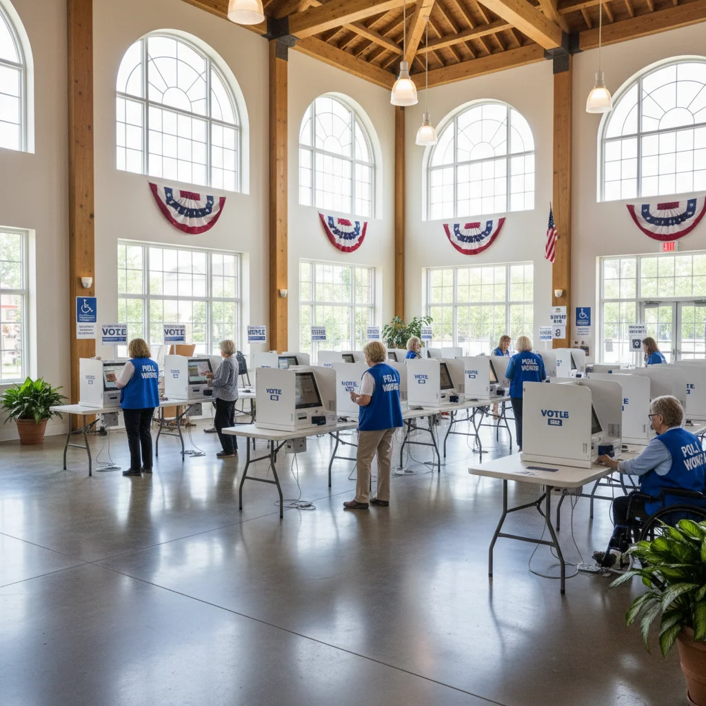 Modern polling place with electronic voting machines and diverse voters
