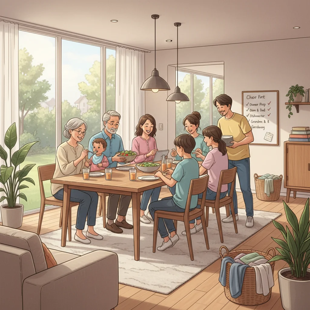 Multi-generational family enjoying a meal together in a modern home.