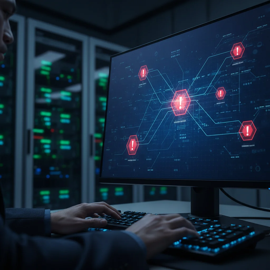 IT professional's hands typing on a keyboard, addressing network vulnerabilities displayed on a computer screen in a data center.