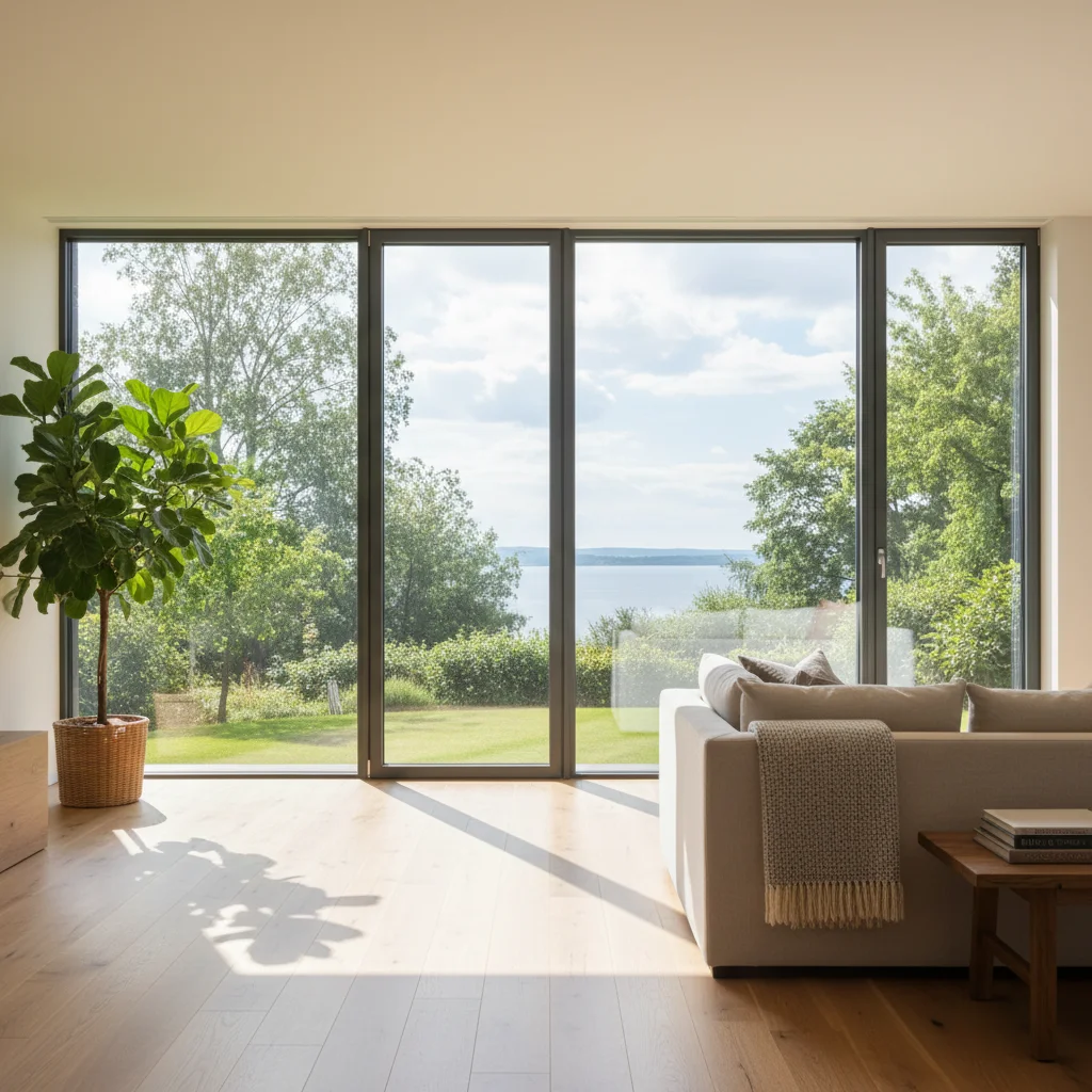 Interior view of newly installed energy-efficient windows, letting in natural light.