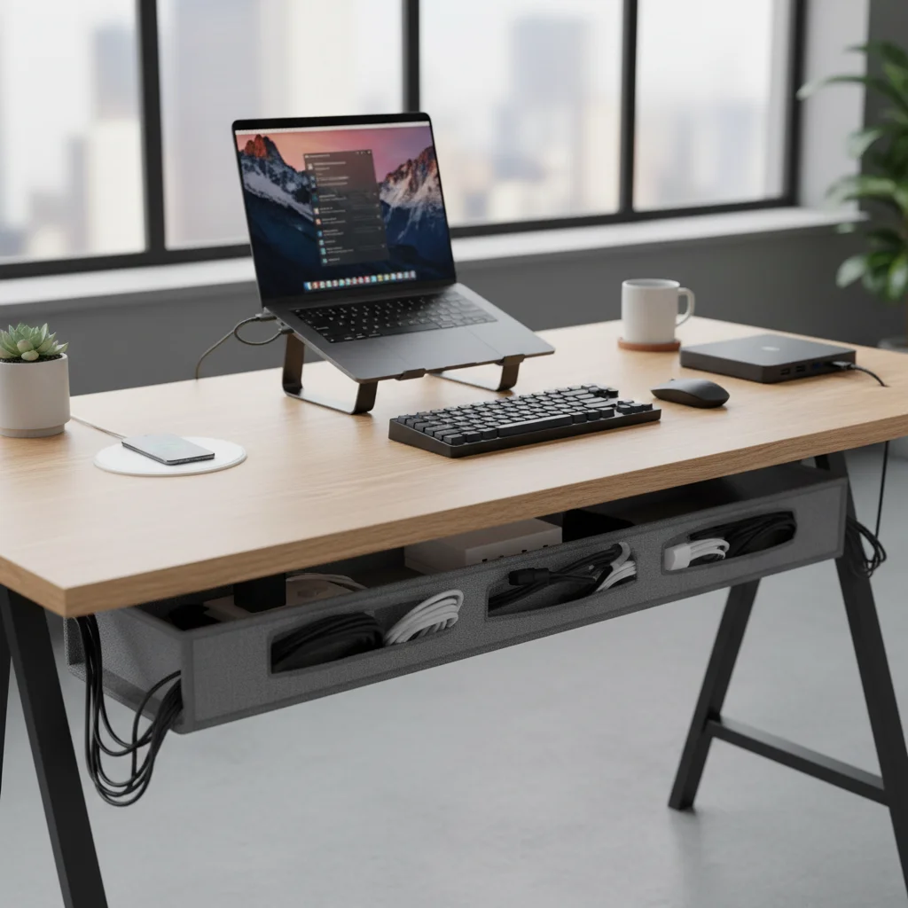 Organized desk with cable management and tech accessories for efficiency.
