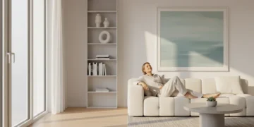 Organized living room with a happy person, symbolizing mental clarity after decluttering.