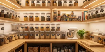 Neatly organized pantry with labeled clear containers and well-stocked shelves
