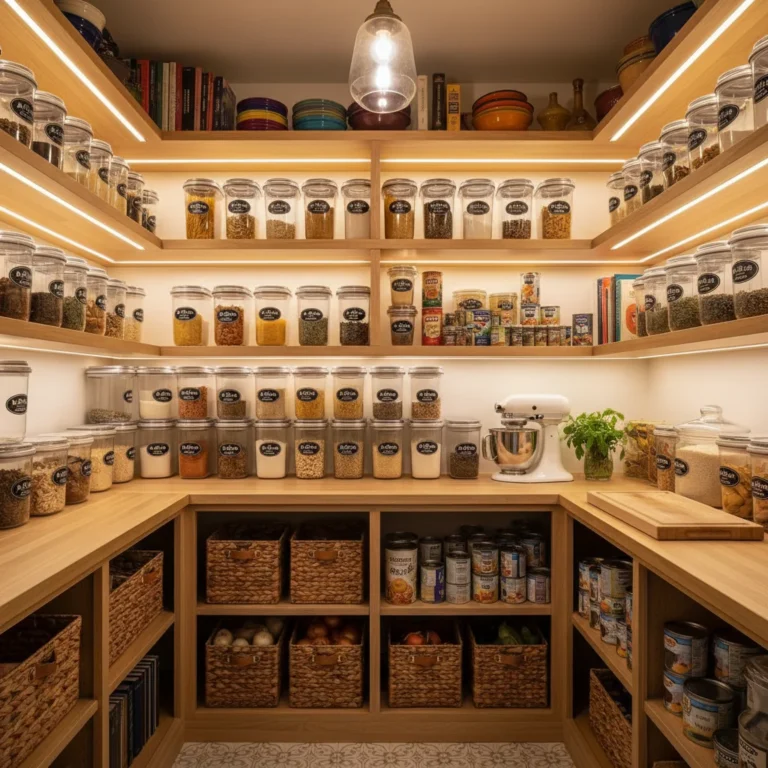 Neatly organized pantry with labeled clear containers and well-stocked shelves