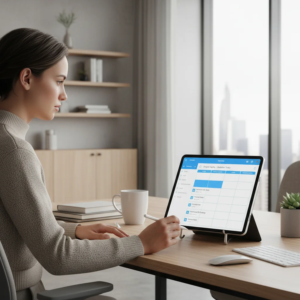 Person planning tasks on a tablet, focusing on daily schedule
