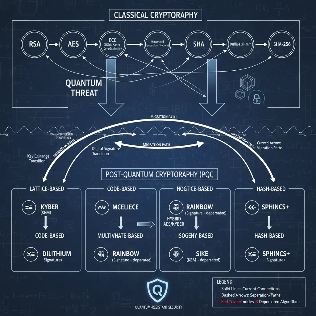 Diagram showing the transition process from classical to post-quantum cryptography, highlighting migration strategies.