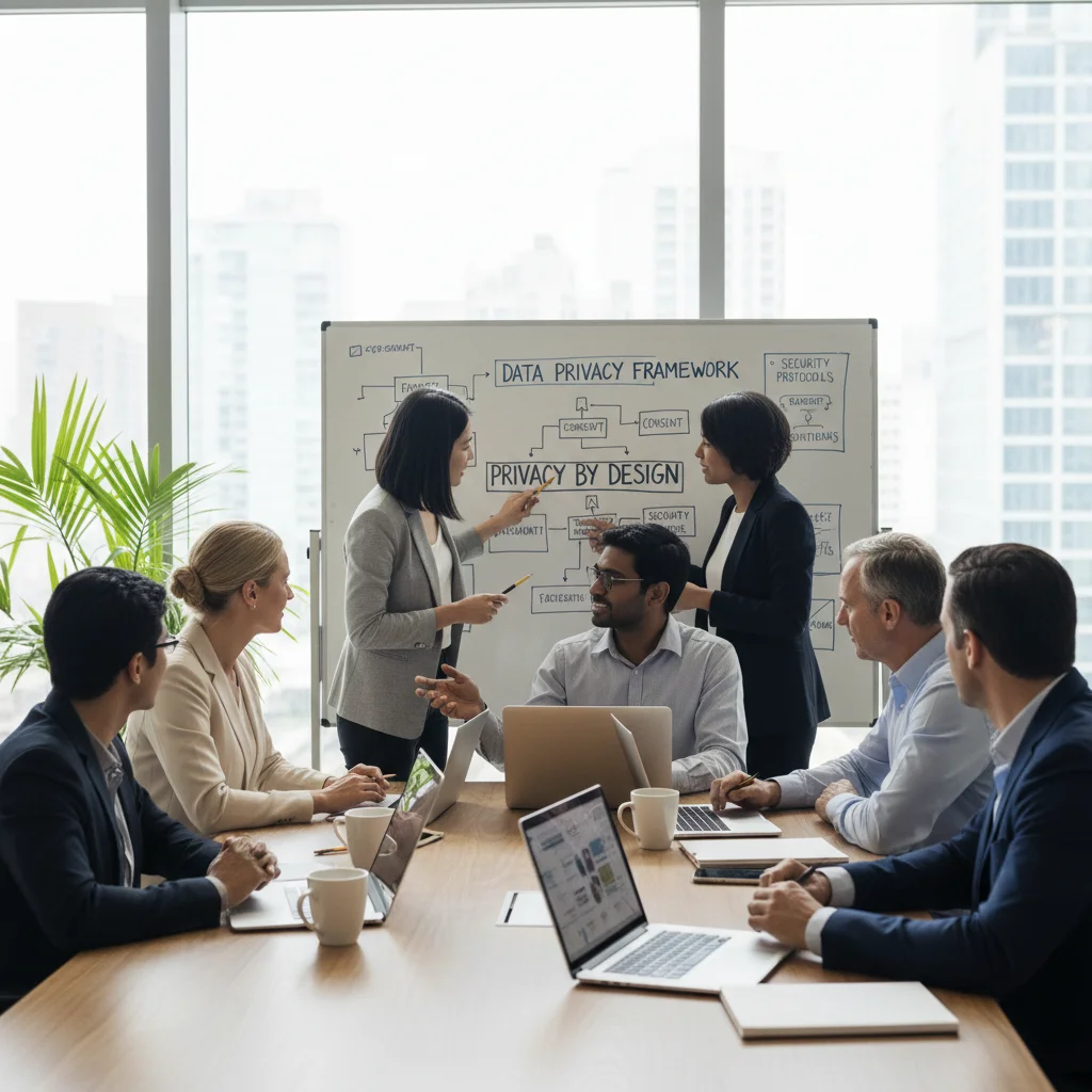 Team collaborating on privacy by design strategies and data governance policies in a modern office.