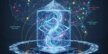 Quantum computer illuminating US industrial landscape