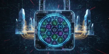 Futuristic digital padlock with quantum symbols securing a business network, symbolizing advanced quantum cybersecurity solutions.