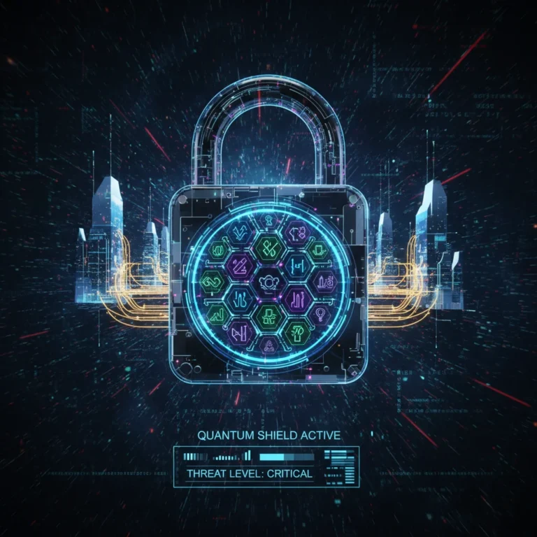 Futuristic digital padlock with quantum symbols securing a business network, symbolizing advanced quantum cybersecurity solutions.