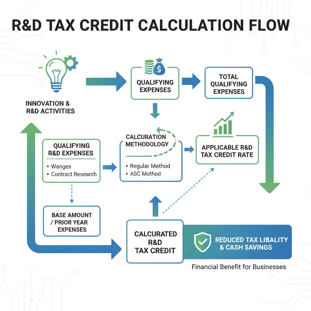 Infographic showing the process of R&D expense qualification for tax credits and financial benefits