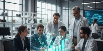 Diverse team of innovators discussing R&D tax credit savings with financial projections