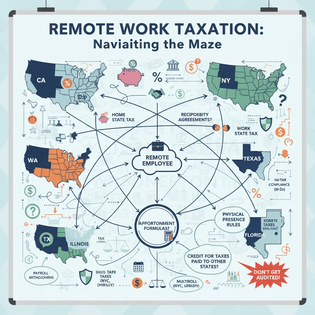 Infographic showing complex tax regulations for remote employees across different US states