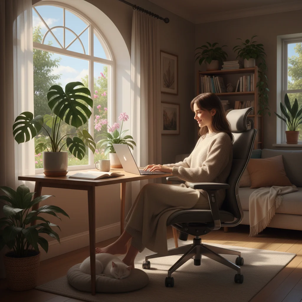 Employee enjoying work-life balance through remote work in a comfortable home office.