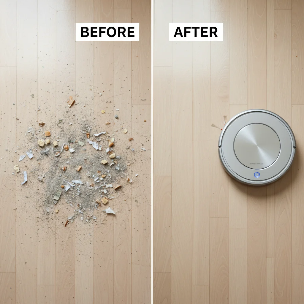 Before and after comparison of floor cleaned by robotic vacuum
