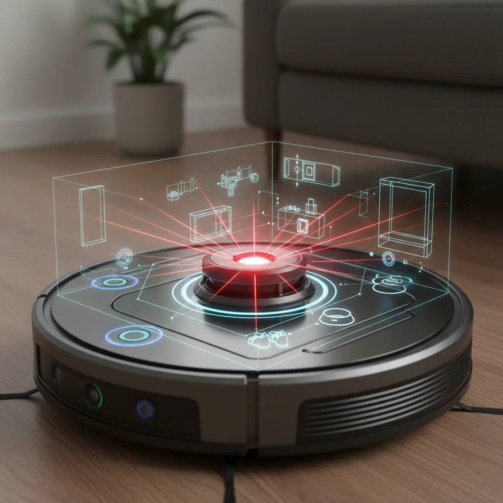 Close-up of robotic vacuum's advanced navigation sensors