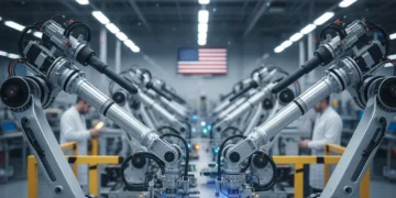 Advanced robotic arms boosting productivity in a US manufacturing facility.