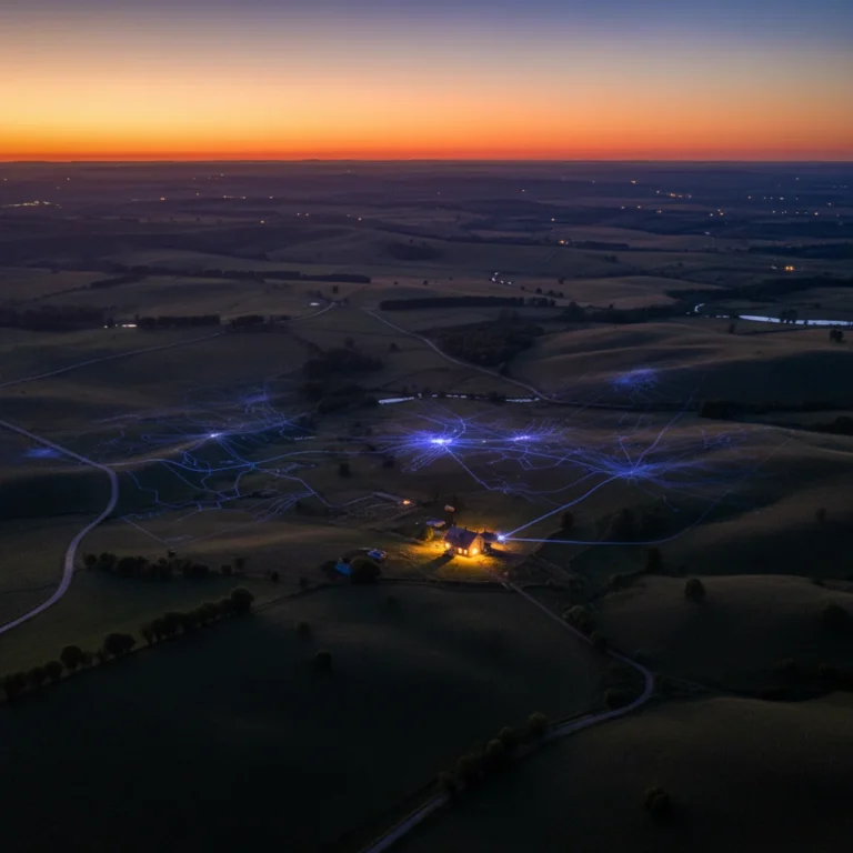 Rural landscape with digital network overlay representing internet access challenges.