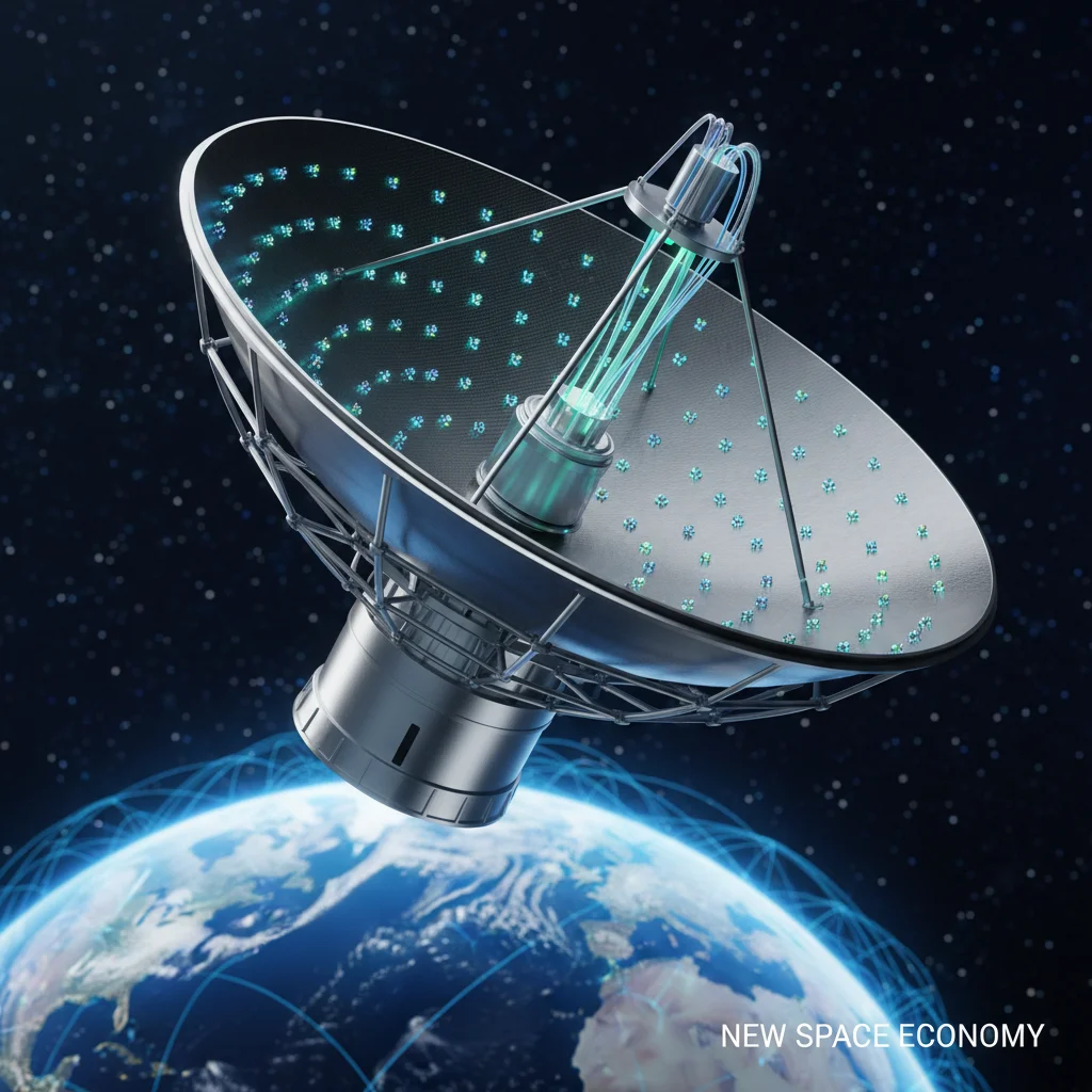 Advanced satellite dish receiving data, illustrating the importance of satellite communication and data services in the space industry.