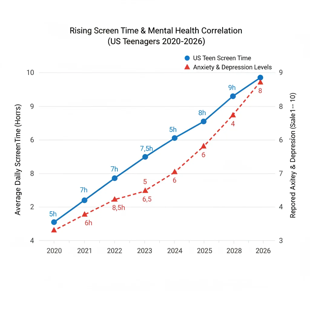 Graph illustrating rising youth screen time and its correlation with mental health issues in the US, 2020-2026.