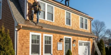 Homeowner performing seasonal home maintenance tasks like gutter cleaning and roof inspection in early 2026 to prevent costly repairs.