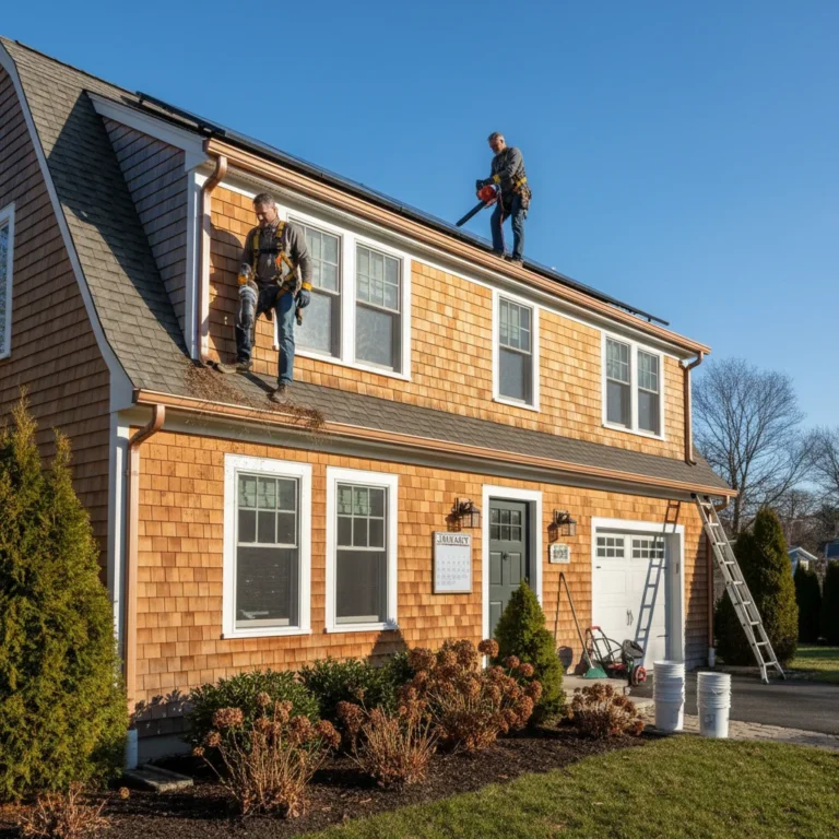 Homeowner performing seasonal home maintenance tasks like gutter cleaning and roof inspection in early 2026 to prevent costly repairs.