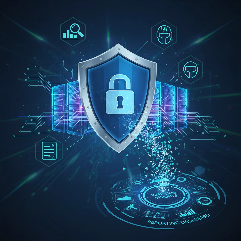 Graphic showing a secure network and data flow into a reporting dashboard