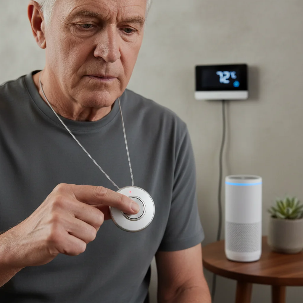 Senior man using a medical alert pendant with smart home devices in background.