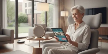 Senior woman interacting with smart home tablet in a modern living room.