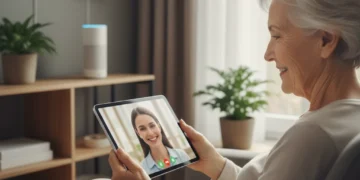 Smiling senior woman using tablet in smart home