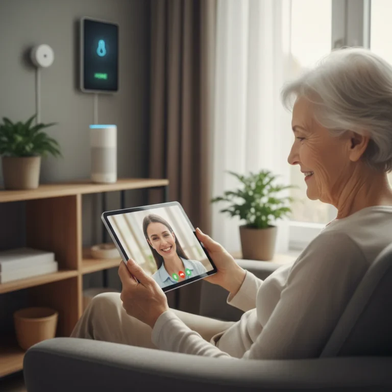 Smiling senior woman using tablet in smart home