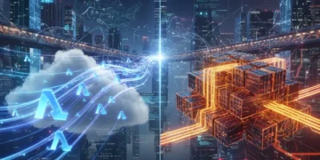 Serverless functions flowing alongside a Kubernetes container cluster, symbolizing a modern architectural comparison in cloud computing.