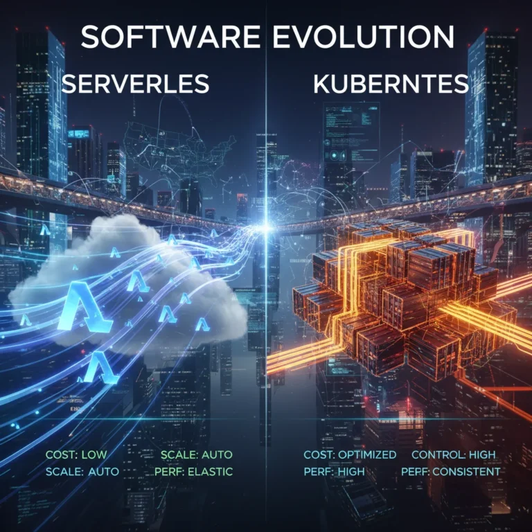Serverless functions flowing alongside a Kubernetes container cluster, symbolizing a modern architectural comparison in cloud computing.