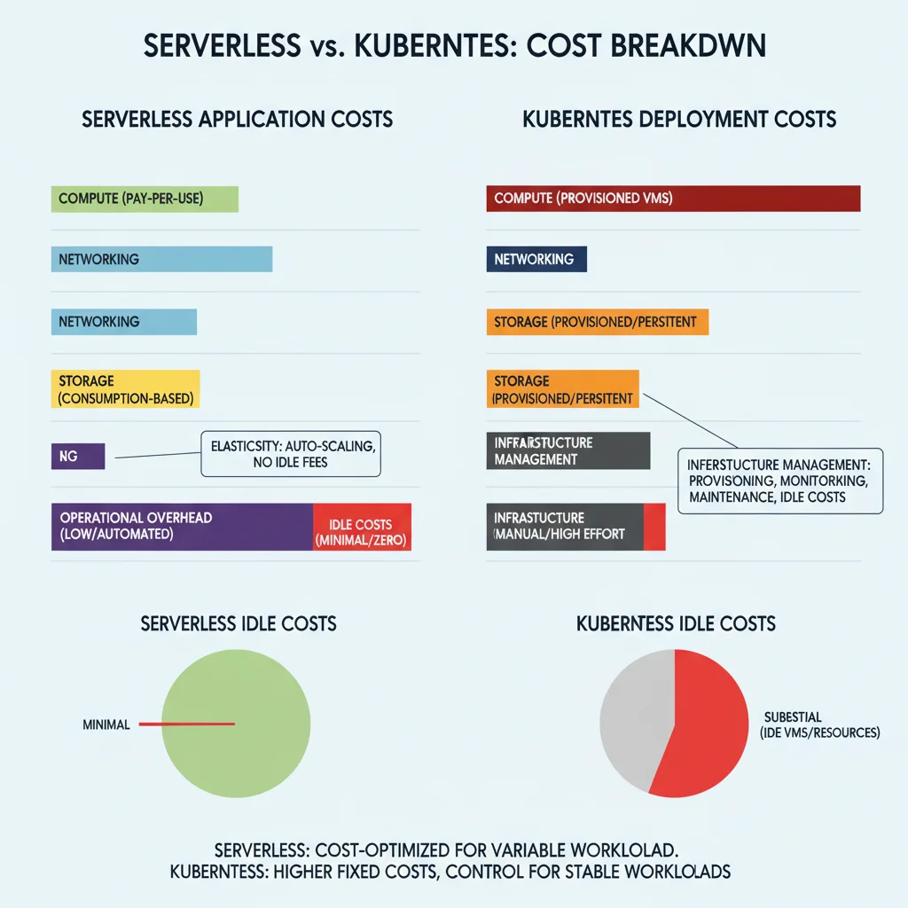 Infographic comparing detailed cost breakdowns for serverless and Kubernetes architectures, highlighting compute, network, and operational expenses.