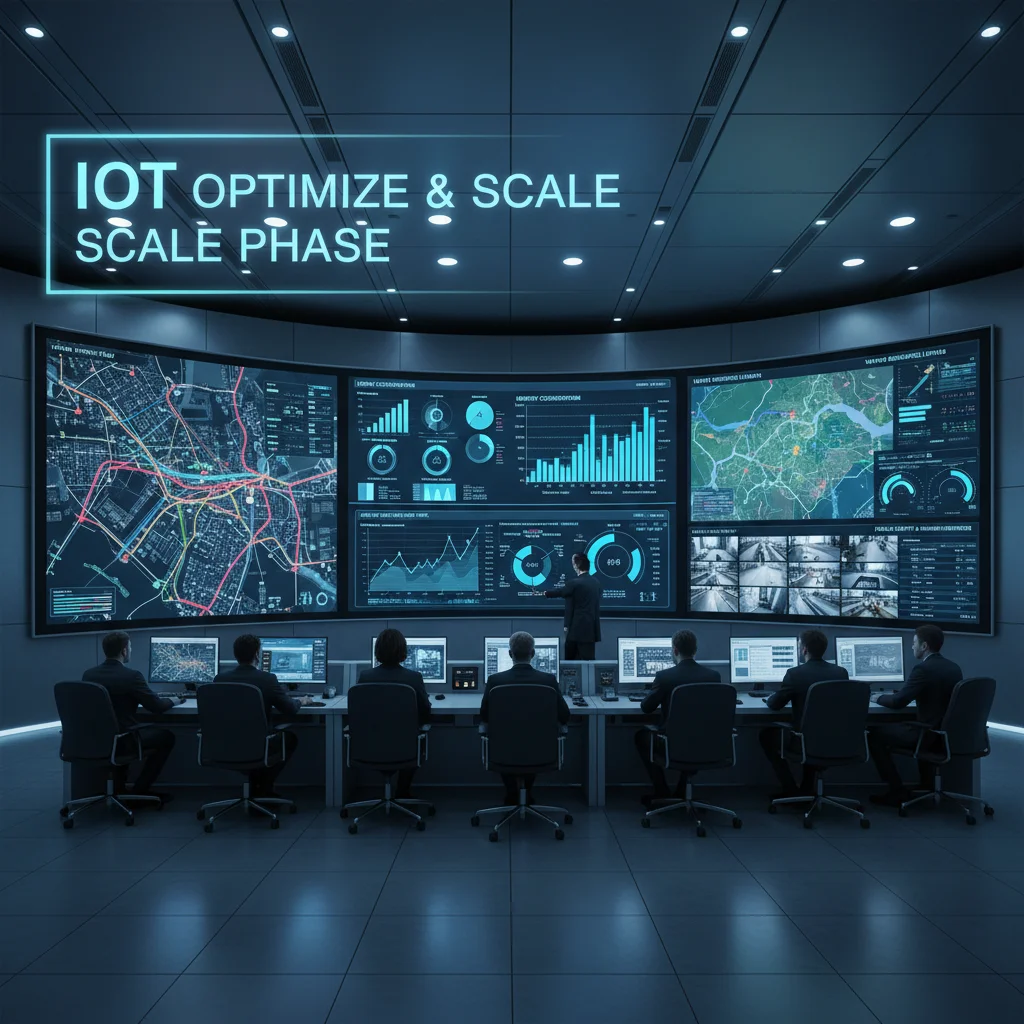 Control room displaying real-time smart city data dashboards, illustrating operational intelligence and optimization.