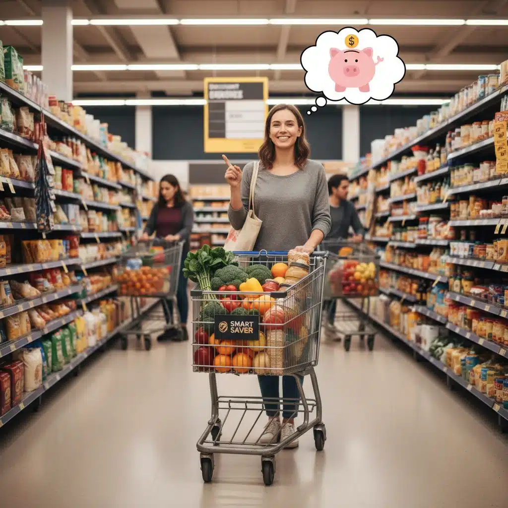 Person shopping for fresh, affordable groceries in a supermarket aisle.