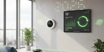 Smart home interior with thermostat and smart lighting, symbolizing utility savings.