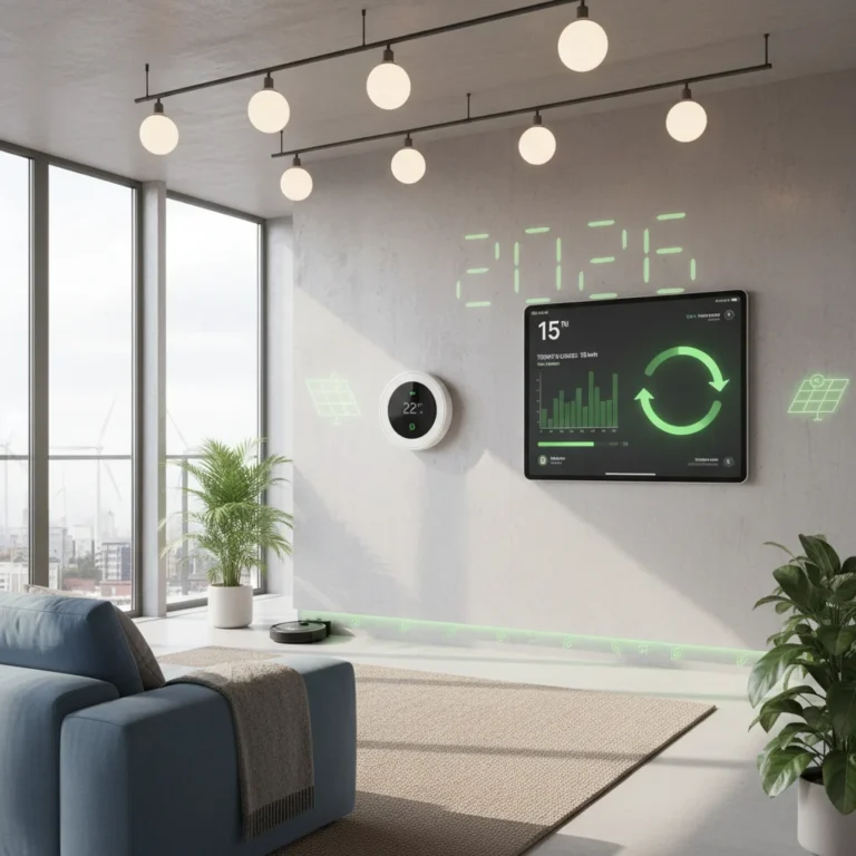 Smart home interior with thermostat and smart lighting, symbolizing utility savings.